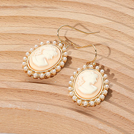 Pearl Rim Vintage Cameo Drop Dangle Earrings