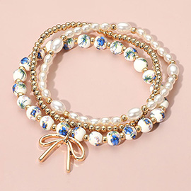 3PCS - Bow Charm Pearl Floral Ceramic Ball Beaded Stretch Multi Layered Bracelets