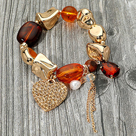 Stone Paved Heart Charm Accent Pebble Beaded Stretch Bracelet