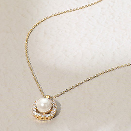 Gold Plated CZ Stone Paved Rim Pearl Pendant Necklace