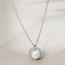 Rhodium Plated CZ Stone Paved Rim Pearl Pendant Necklace