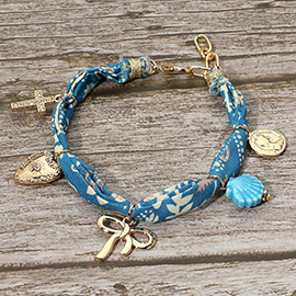 Boho Cross Heart Bow Medal Ceramic Shell Charm Station Fabric Bracelet