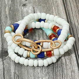 4PCS - Worn Metal Chain Link Accent Beaded Stretch Multi Layered Bracelets
