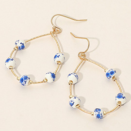 Floral Ceramic Ball Station Open Teardrop Dangle Earrings