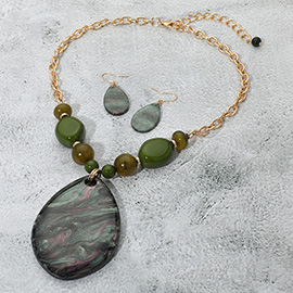 Bold Sparkled Celluloid Acetate Teardrop Pendant Accent Pebble Beaded Statement Necklace