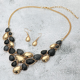 Marbled Metal Teardrop Stone Embellished Plated Statement Necklace