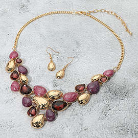 Marbled Metal Teardrop Stone Embellished Plated Statement Necklace