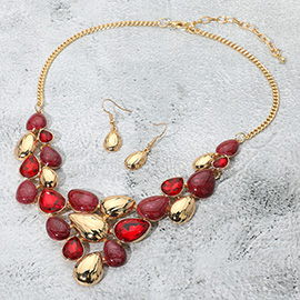 Marbled Metal Teardrop Stone Embellished Plated Statement Necklace