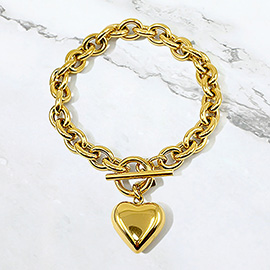 Stainless Steel Puffy Heart Charm Toggle Bracelet