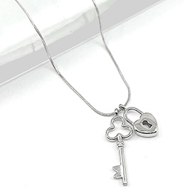 Stainless Steel Heart Lock Clover Key Pendant Necklace