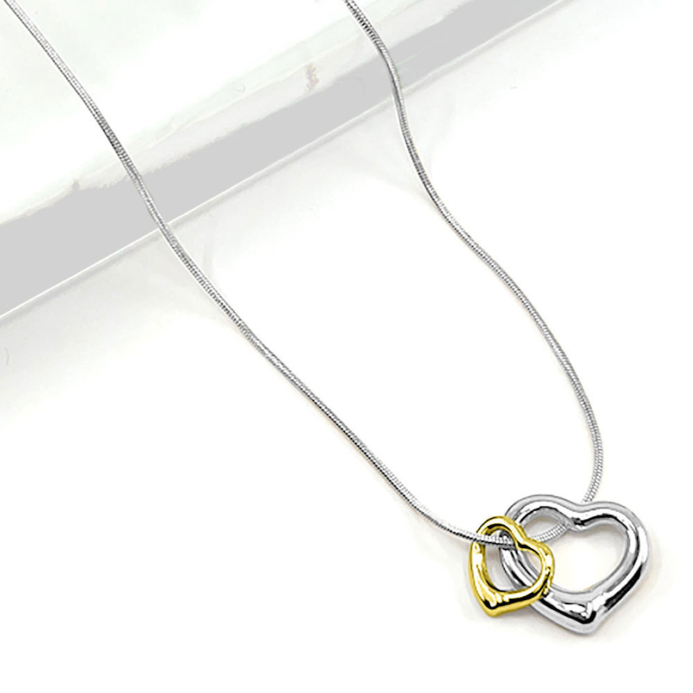 Stainless Steel Two Tone Double Open Heart Pendant Necklace
