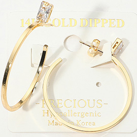 14K Gold Dipped Hypoallergenic Baguette CZ Stone Accent Hoop Earrings
