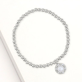 Stainless Steel CZ Stone Rim Pearl Charm Stretch Bracelet