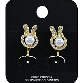 Gold Dipped Pearl Accent CZ Stone Paved Bunny Clip On Earrings