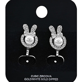 White Gold Dipped Pearl Accent CZ Stone Paved Bunny Clip On Earrings