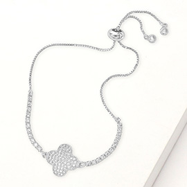CZ Stone Paved Quatrefoil Accent Pull Tie Adjustable Bracelet