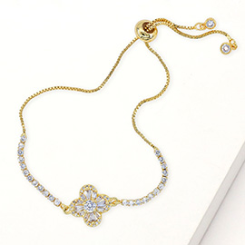 Quatrefoil CZ Stone Accent Pull Tie Adjustable Bracelet