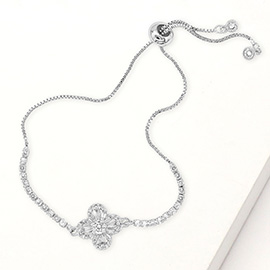 Quatrefoil CZ Stone Accent Pull Tie Adjustable Bracelet