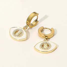 Stainless Steel Mother of Pearl CZ Stone Rim Virgin Mary Accent Evil Eye Charm Dangle Huggie Earrings