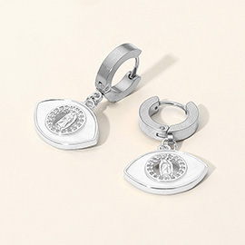 Stainless Steel Mother of Pearl CZ Stone Rim Virgin Mary Accent Evil Eye Charm Dangle Huggie Earrings