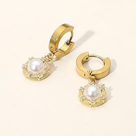 Stainless Steel CZ Stone Rim Pearl Charm Dangle Huggie Earrings