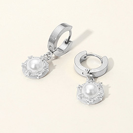 Stainless Steel CZ Stone Rim Pearl Charm Dangle Huggie Earrings