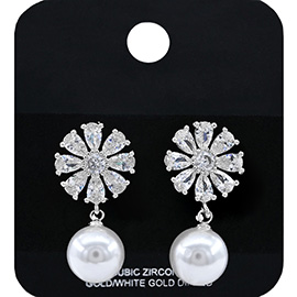White Gold Dipped Flower CZ Stone Accent Pearl Dangle Earrings