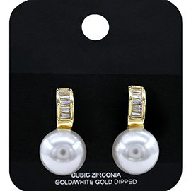 Gold Dipped CZ Stone Accent Pearl Drop Earrings