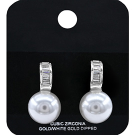 White Gold Dipped CZ Stone Accent Pearl Drop Earrings