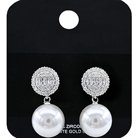 White Gold Dipped CZ Stone Accent Pearl Dangle Earrings