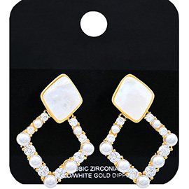 Gold Dipped CZ Stone Pearl Embellished Geometric Earrings
