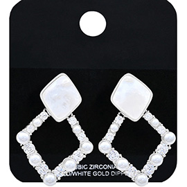White Gold Dipped CZ Stone Pearl Embellished Geometric Earrings
