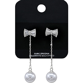 White Gold Dipped Baguette CZ Stone Bow Accent Pearl Drop Earrings