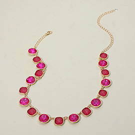 Round Square Stone Bezel Cluster Link Necklace