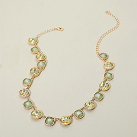 Round Square Stone Bezel Cluster Link Necklace