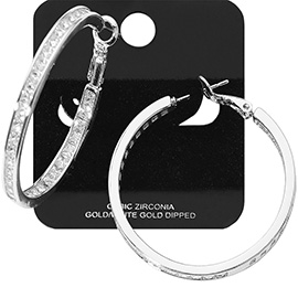 White Gold Dipped CZ Stone Channel Hoop Earrings