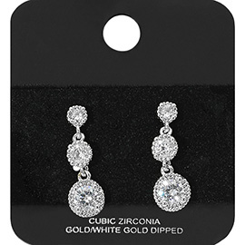 White Gold Dipped Triple Halo CZ Stone Drop Earrings