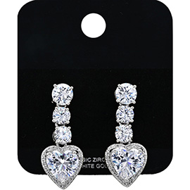 White Gold Dipped Heart CZ Stone Drop Earrings