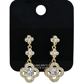 Gold Dipped Quatrefoil CZ Stone Drop Earrings