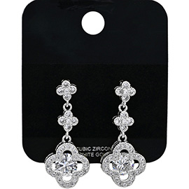 White Gold Dipped Quatrefoil CZ Stone Drop Earrings