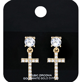 Gold Dipped CZ Stone Embellished Cross Dangle Earrings