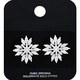 White Gold Dipped Radiant CZ Stone Snowflake Stud Earrings