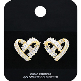 Gold Dipped Baguette CZ Stone Embellished Heart Stud Earrings
