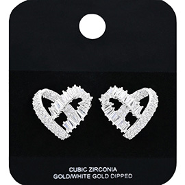 White Gold Dipped Baguette CZ Stone Embellished Heart Stud Earrings