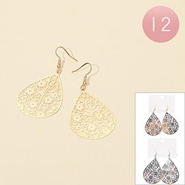 12Pairs - Metal Filigree Floral Teardrop Dangle Earrings