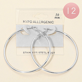 12Pairs - 50mm Stainless Steel Hoop Earrings