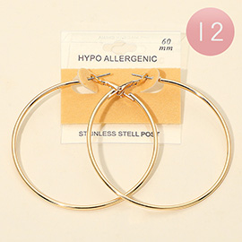 12Pairs - 60mm Stainless Steel Hoop Earrings