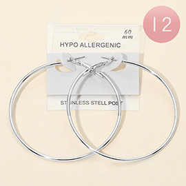 12Pairs - 60mm Stainless Steel Hoop Earrings