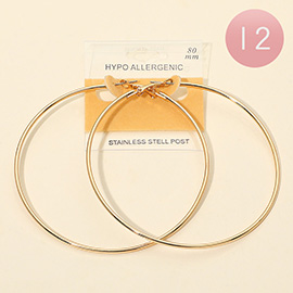 12Pairs - 80mm Stainless Steel Hoop Earrings