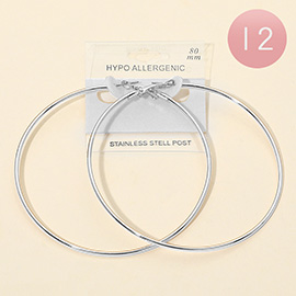 12Pairs - 80mm Stainless Steel Hoop Earrings